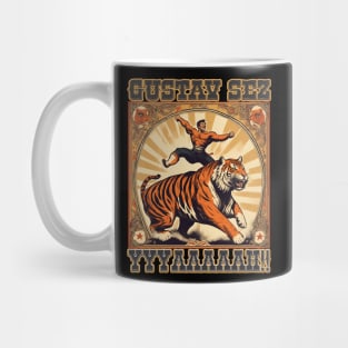 Funny vintage circus strong man tiger shouting yelling Mug